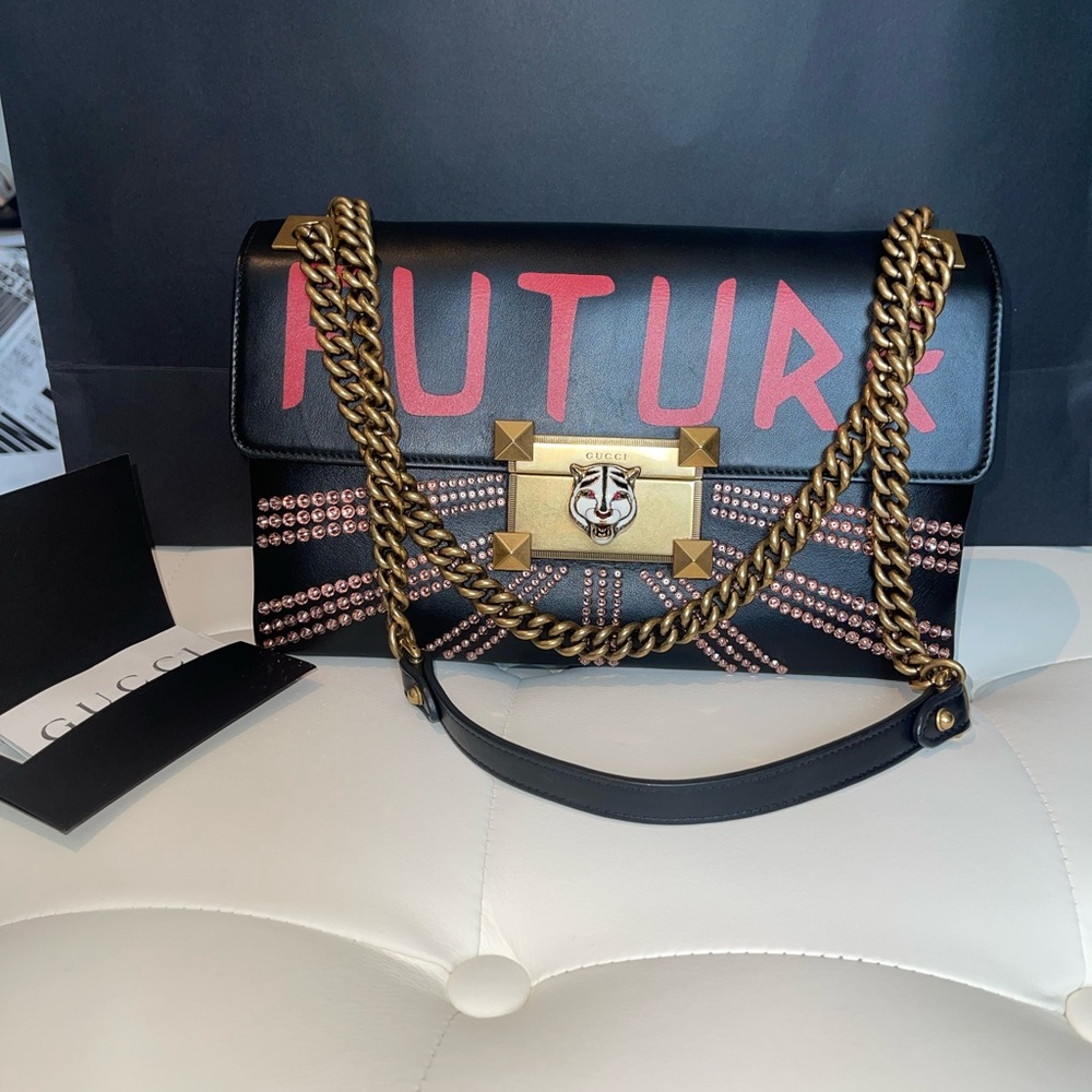 4.7K  Gucci Linea A Future Black Crystal Leather Tiger Chain Shoulder Bag.NEW!